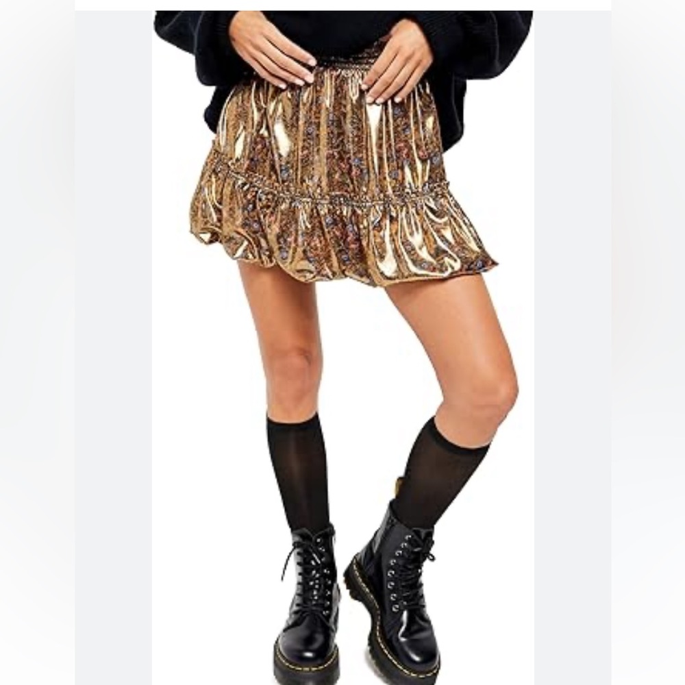 Free People floral, gold, metallic bubble mini skirt
